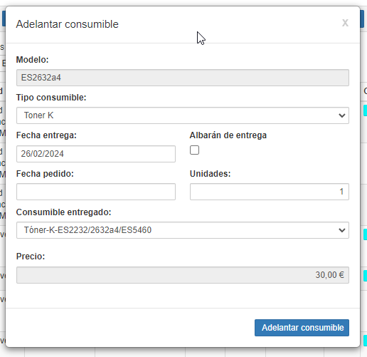 Adelanto de consumible